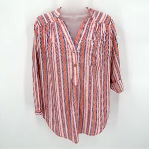 Karlie Top Vneck Blouse Womens S Herringbone Stripe Roll Tab Sleeve Pullover